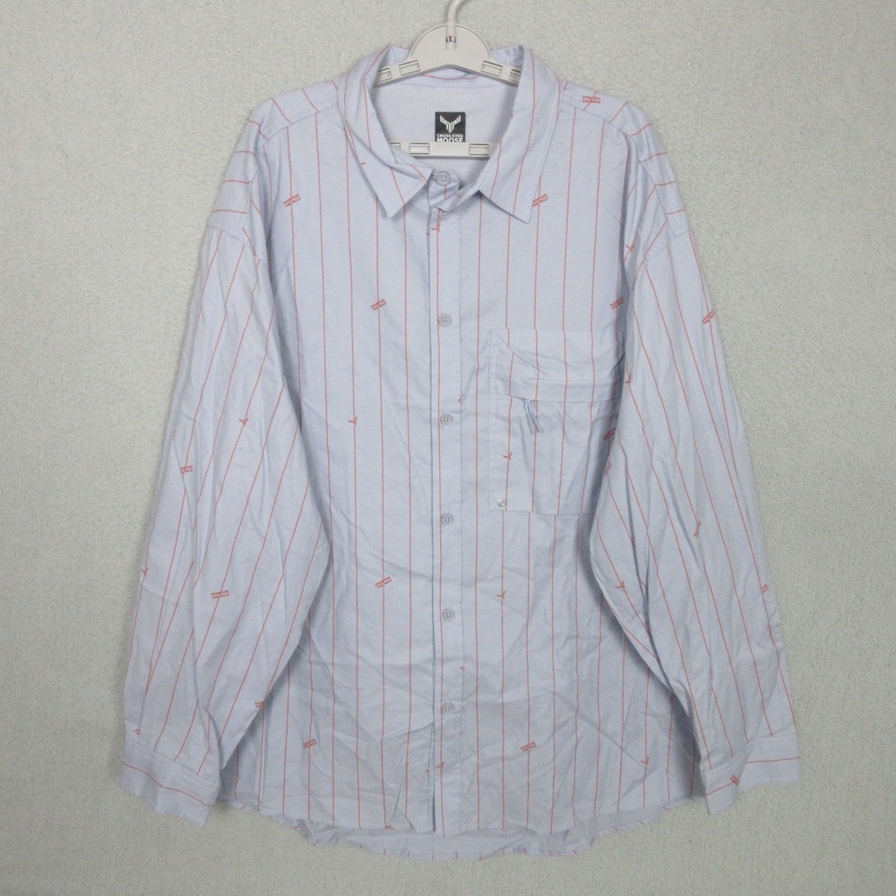Cross‎ Eyed Moose Stargazer Fisherman Oxford Shirt Sky Blue Red Stripe 2XL Large